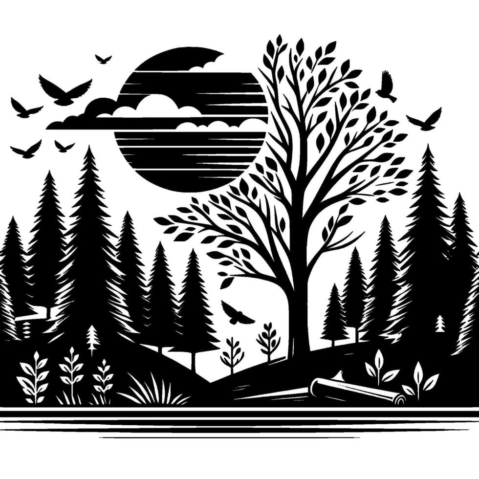 A serene black and white landscape illustration featuring a full moon, a tree, silhouetted birds, and a forest scene. vector