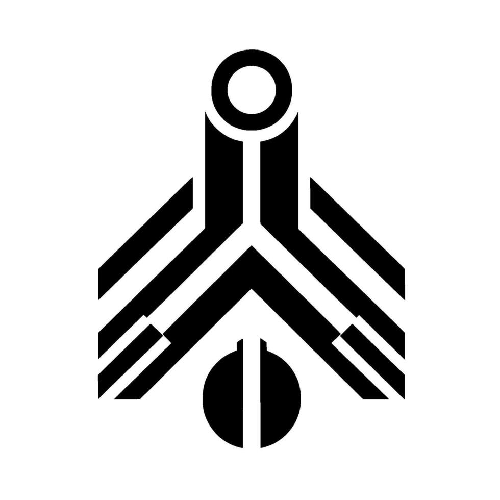 A minimalist black and white featuring a geometric with a circle, lines, and angular shapes resembling a stylized airplane or futuristic symbol. vector
