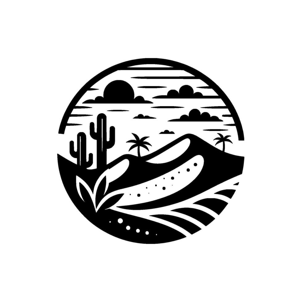 Circular blackandwhite of a desert landscape, featuring cacti, palm trees, sand dunes, and clouds, set against a plain white background. vector
