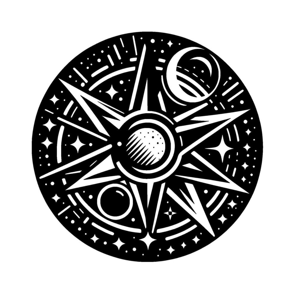 Celestial Cartography A black and white circular , featuring a central sunburst, celestial bodies, and starfield within a decorative mandala. vector