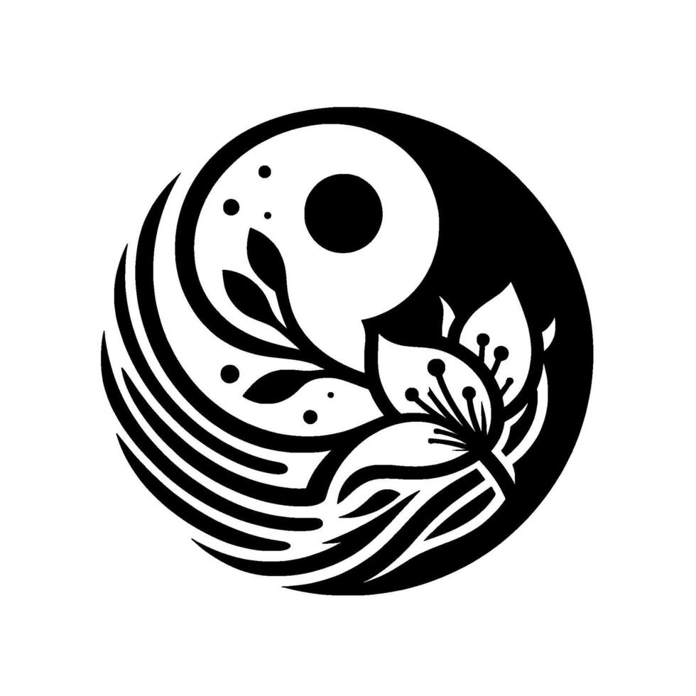 Yin Yang Symbol with Floral Elements A stylized black and white composition featuring a circle, a flower, and a branch with leaves, embodying balance and harmony. vector