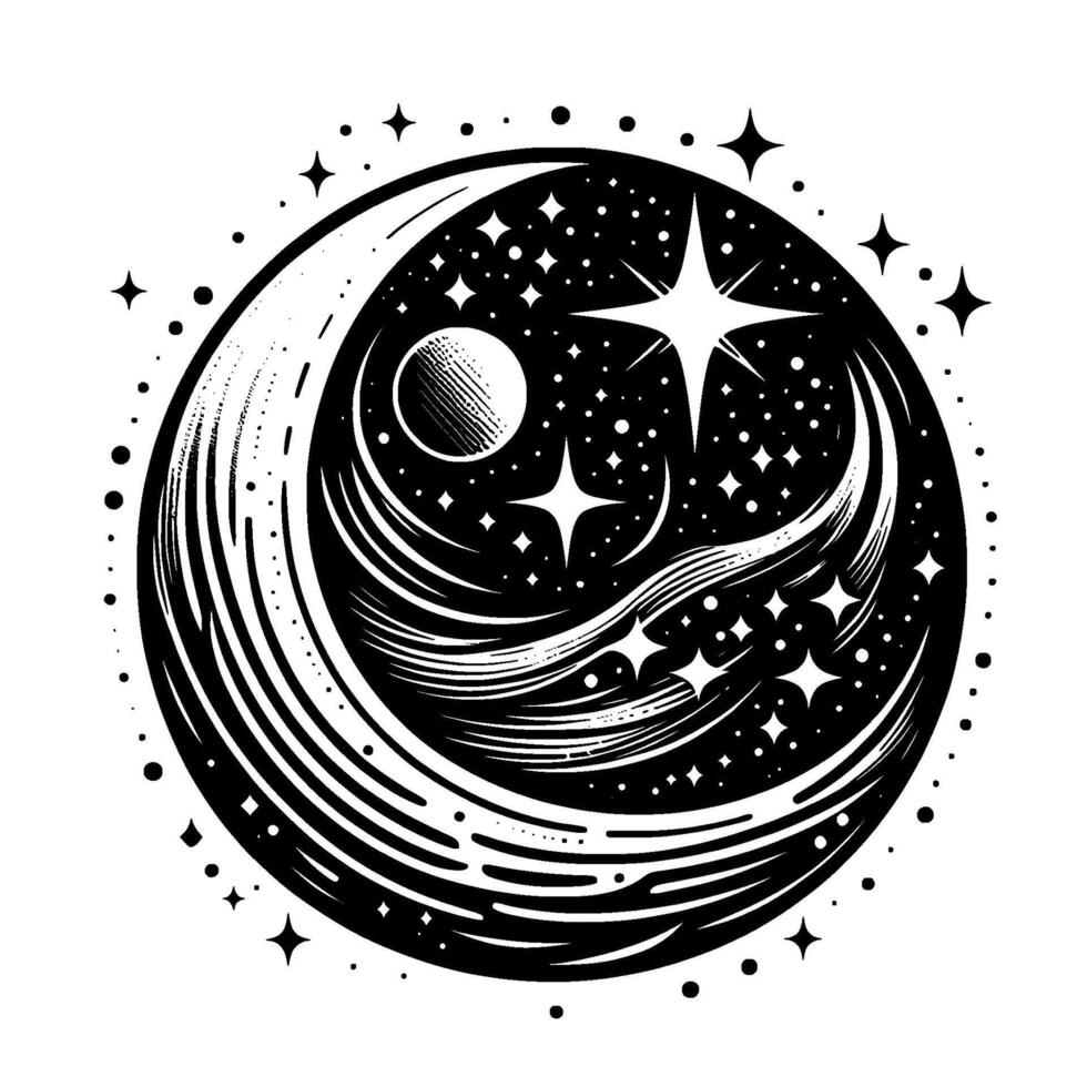 Celestial Yin Yang Black and White Illustration Depicting a Crescent Moon, Stars, and Planets in a Cosmic Circle. vector