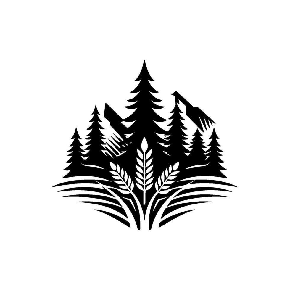 Silhouette of wheat, fir trees, and mountains, a symbol of natures bounty and wilderness, rendered in black and white. vector