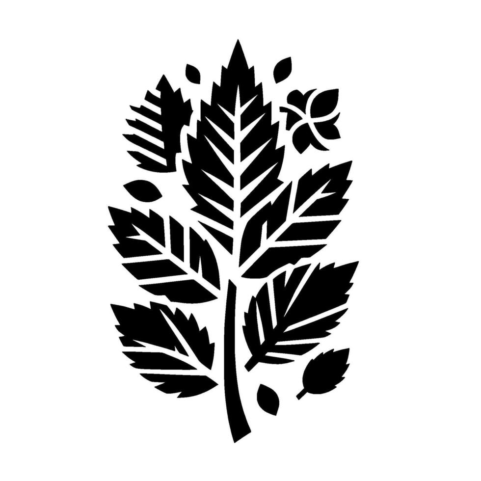 Bold Black Leafy Stem Composition with Detailed, Angled Leaves Small Leaf Accents on a Clean White Backdrop. vector