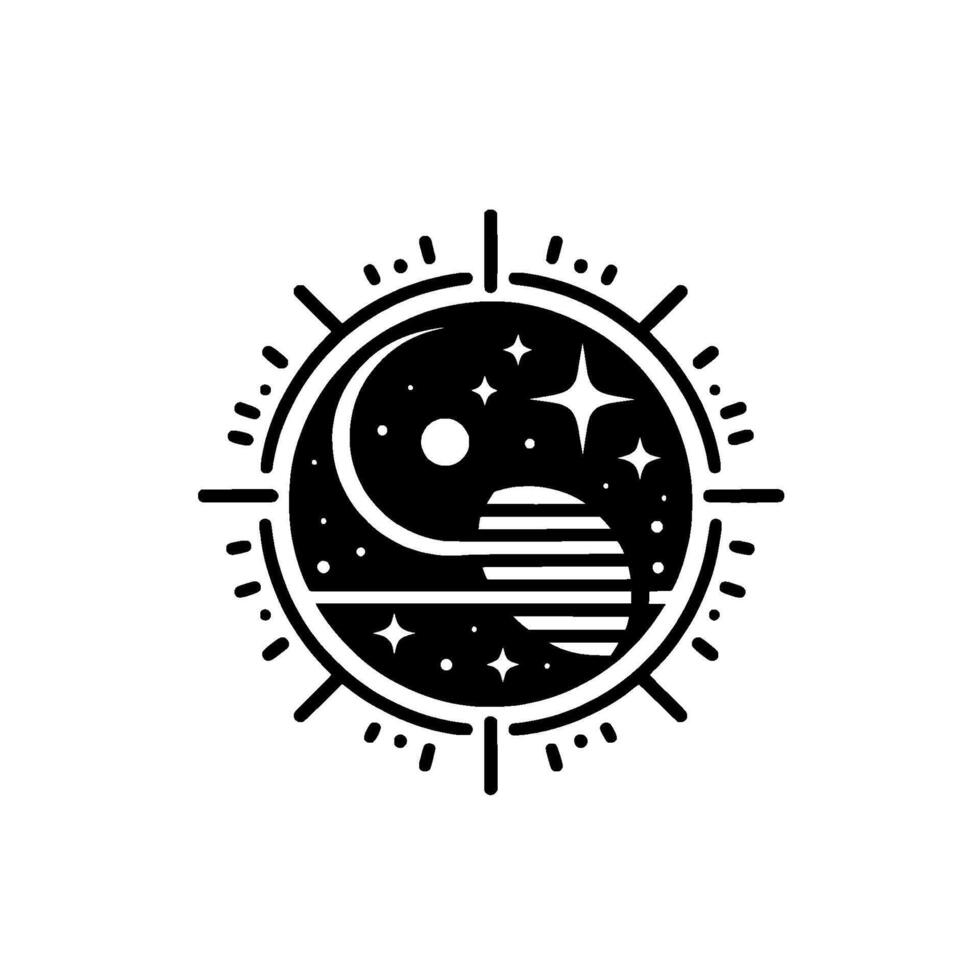 Celestial YinYang Cosmic Balance Depicted in a Geometric Black and White Emblem of Moon, Stars, and Planetary Forms within an Orbital Frame. vector