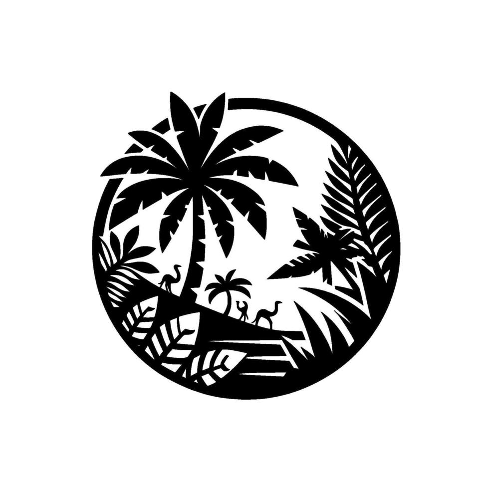A circular black and white illustration of a tropical island scene, featuring palm trees, foliage, and animal silhouettes. vector