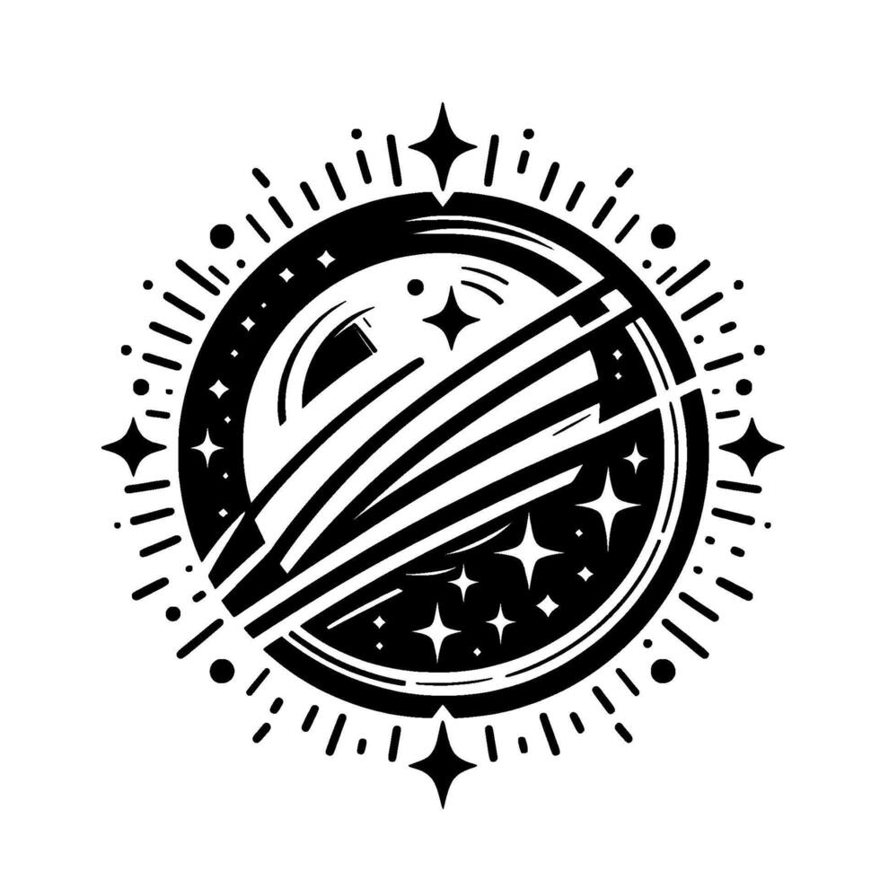 Stylized Black and White Celestial Emblem Planet with Streaks, Stars, and Radial Burst . vector