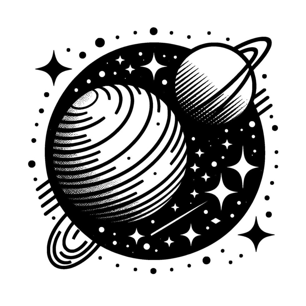 Monochromatic Space Illustration Two Striped Planets, Orbiting Rings, Stars, and Asteroids in a Dark Universe Within a Circular Frame. vector