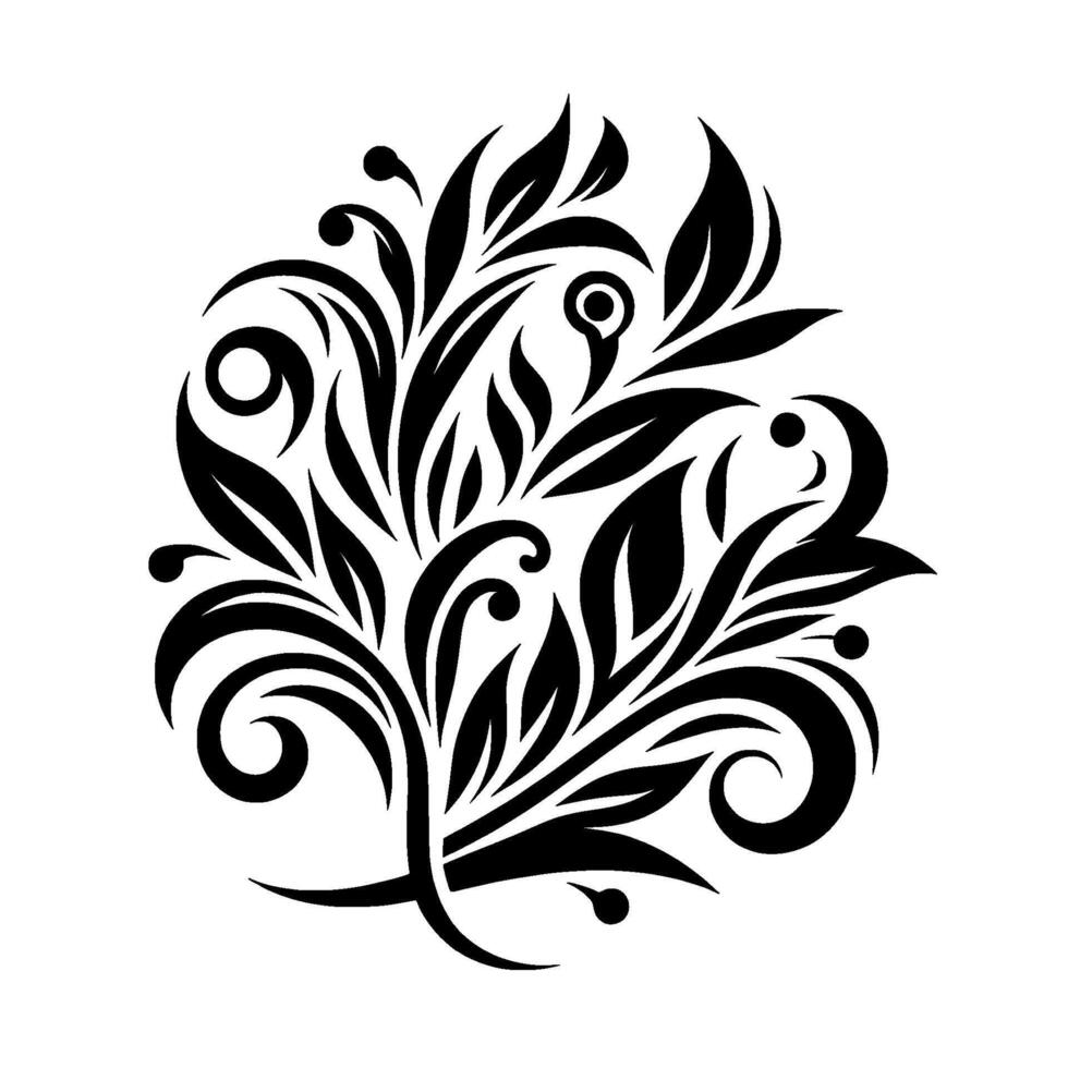 Intricate Black and White Floral A symmetrical, stylized depiction of leaves, swirls, and berries arranged in a harmonious circle, perfect for decorative purposes. vector