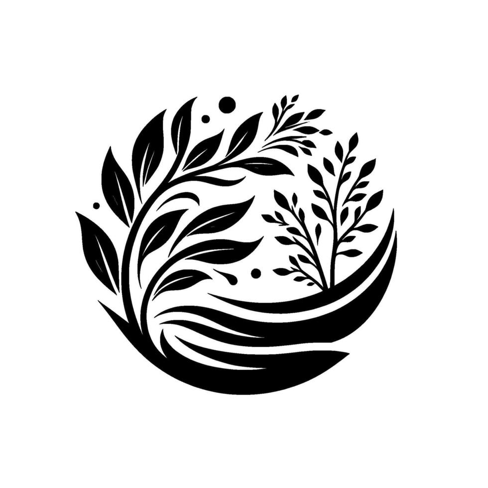 Elegant Black and White Circular Composition Stylized Leaves and Branches Within a Curved Element, Minimalist , vector