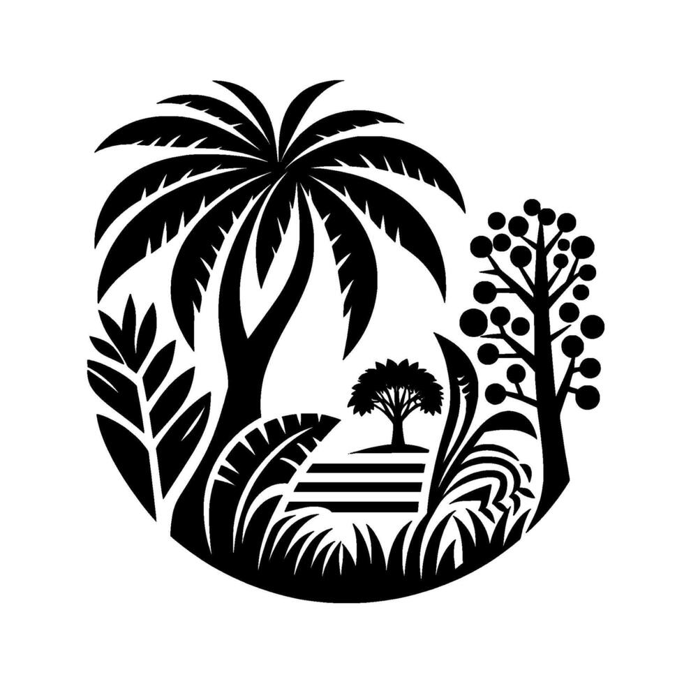 Stylized monochrome botanical illustration featuring a circular arrangement of palm trees, tropical plants, grass, and stylized flora. vector