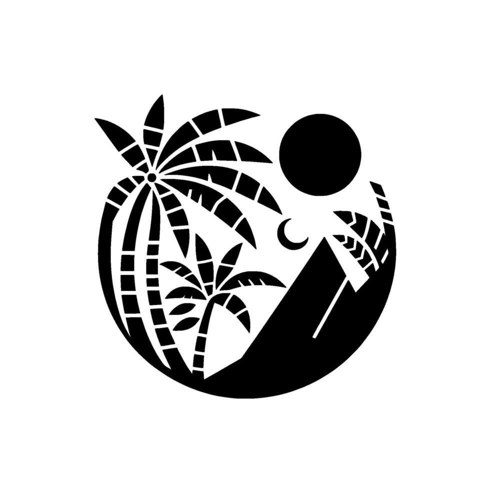 A minimalist, circular, black and white illustration of a tropical landscape scene featuring palm trees, a mountain silhouette, sun, and moon. vector