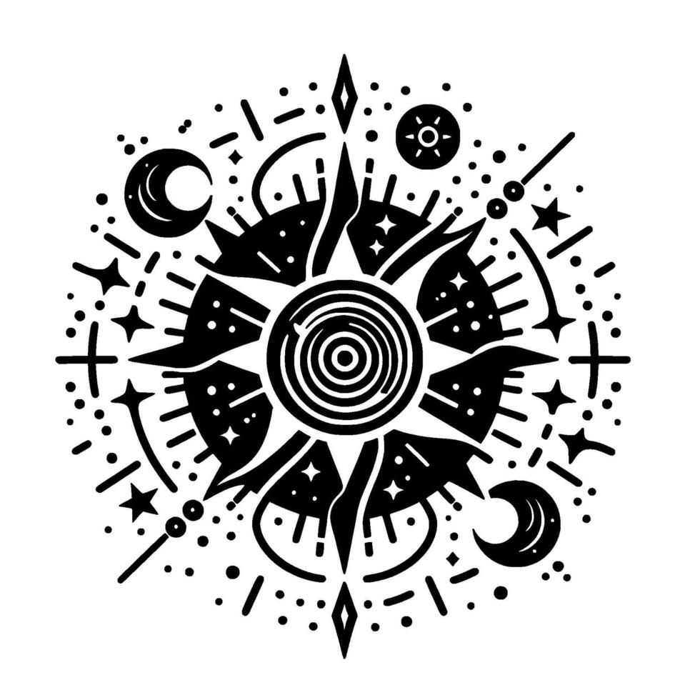 Intricate Celestial Sun, Stars, Moons, and Cosmic Elements in a Bold Black and White Stylized . vector