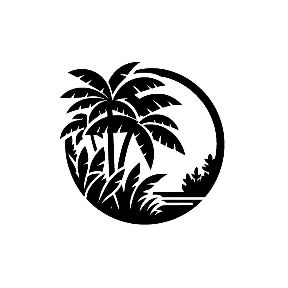 Circular black and white minimalist illustration of palm trees and foliage on a tropical beach landscape. vector