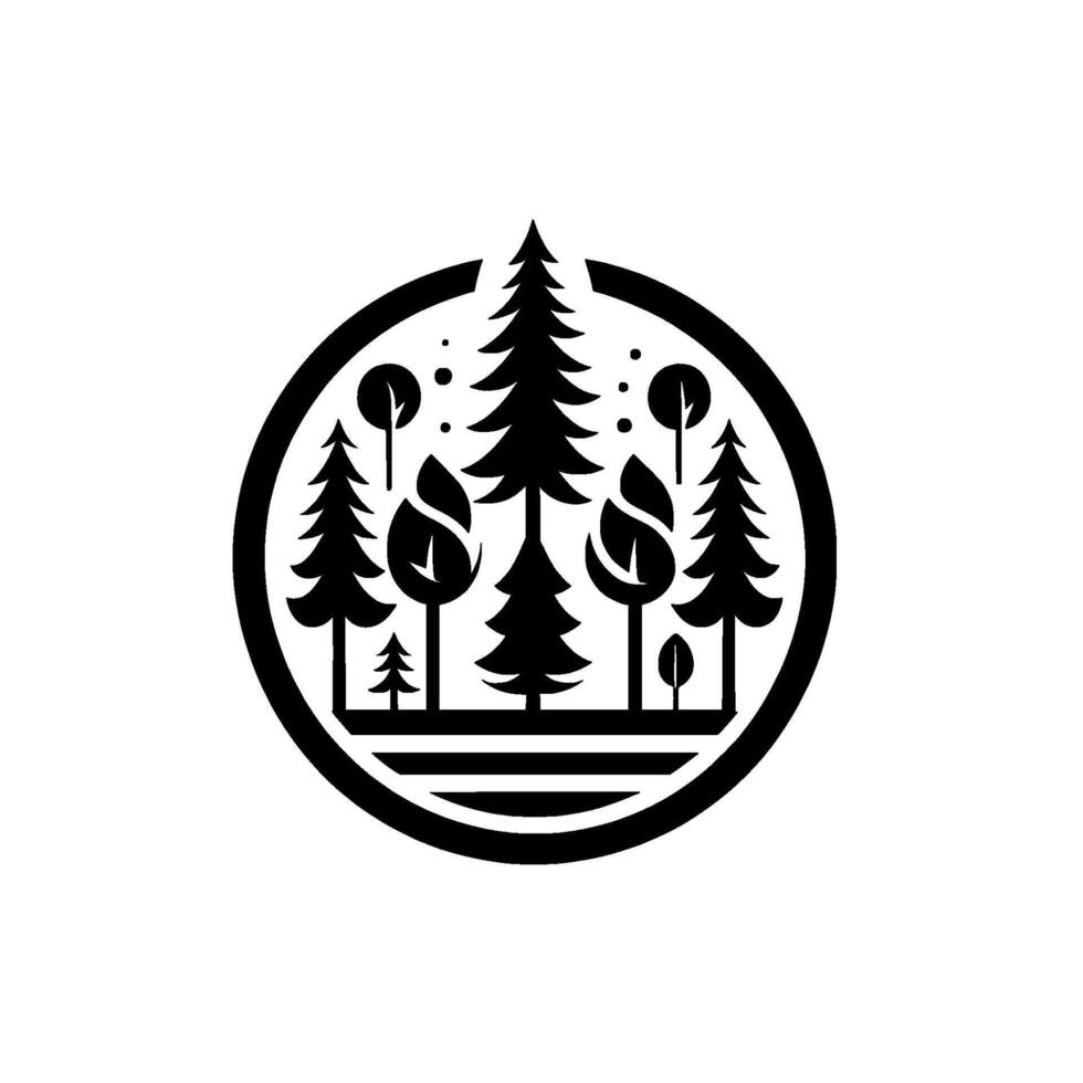 Black and White Minimalist Forest Scene within a Circle, Featuring Trees, Foliage and a Horizontal Line, NatureInspired . vector