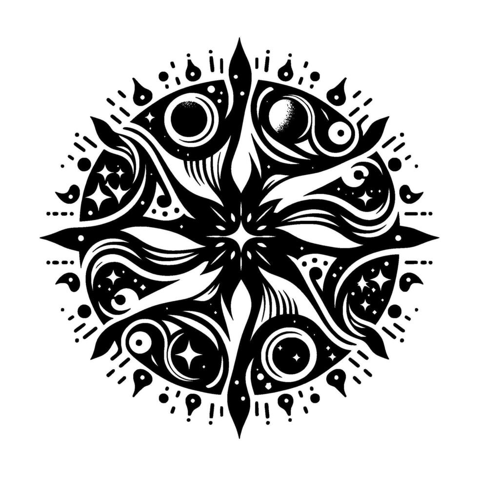 Intricate Black and White Circular Celestial with Starry Elements, Eye Shapes, and Ornamental Patterns. vector