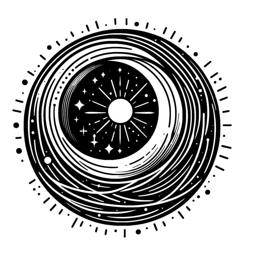 Intricate Black and White Circular Celestial Illustration Featuring Sun, Crescent, and Starry Night Elements, Symbolizing Cosmic Balance and Mysticism. vector