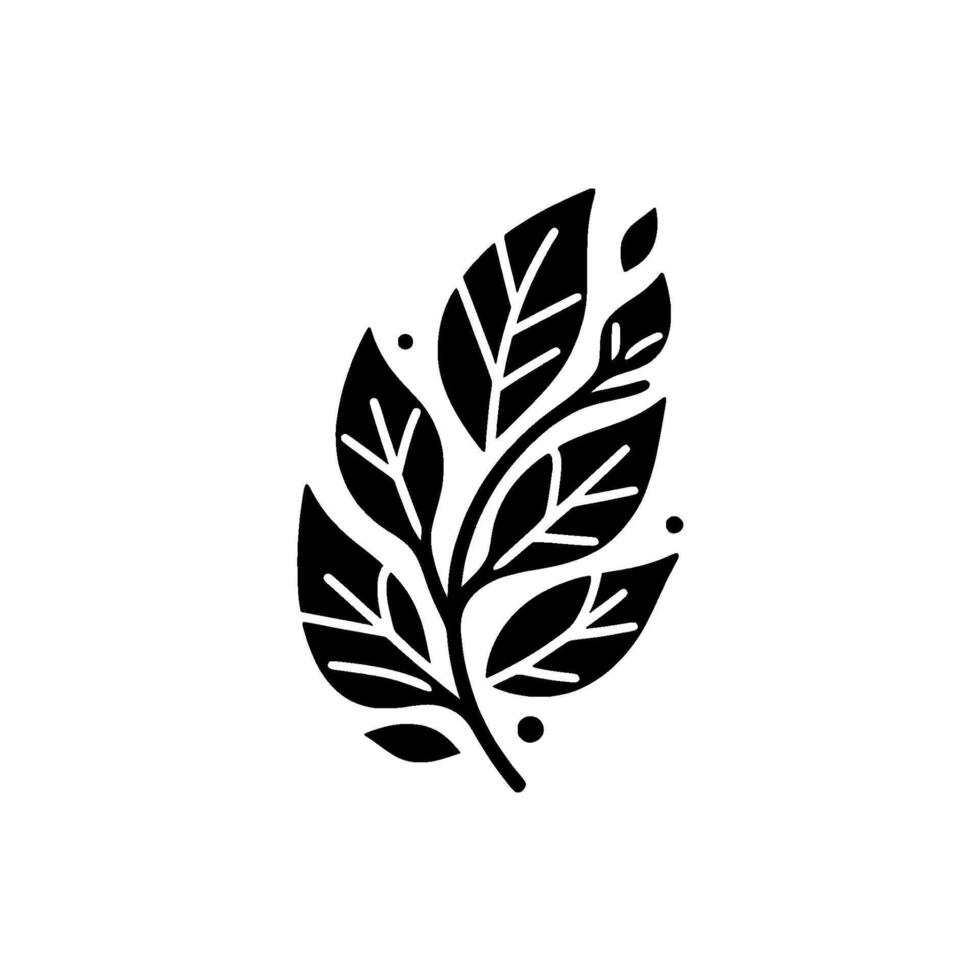 Minimalist Black Leafy Branch with Veins Dots, Clean White Background, Organic Botanical Illustration vector
