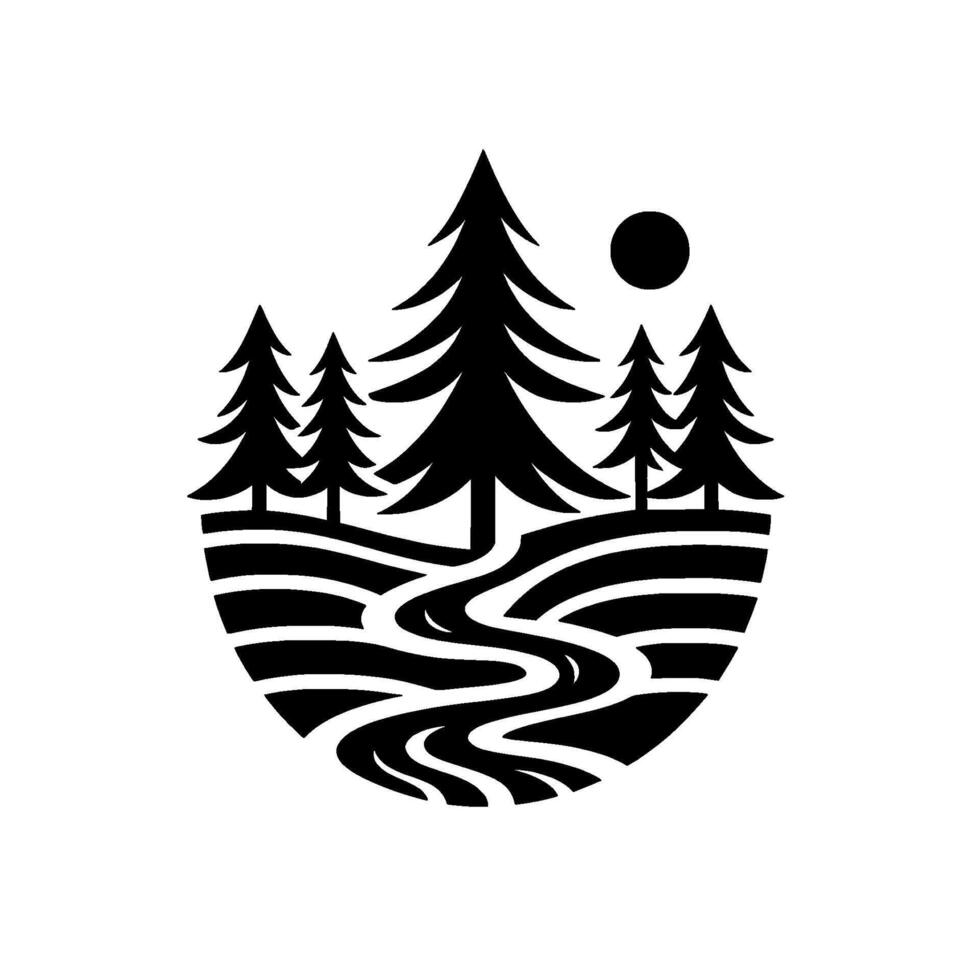 Black and white stylized illustration of a serene landscape within a circular frame, featuring pine trees, a winding river, and a sun. vector