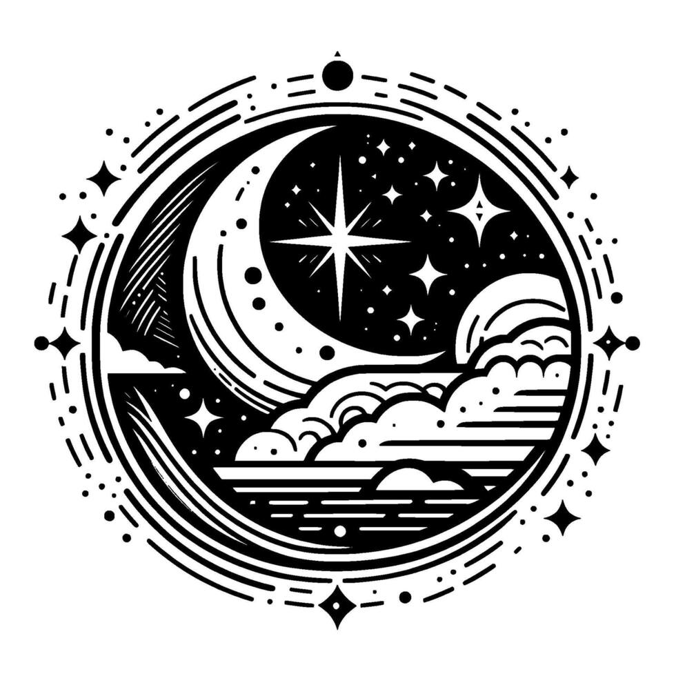 Intricate Celestial Mandala Crescent Moon, Starburst, Stars, Clouds, and Oceanic Horizon within a Circular Frame, in Black and White. vector