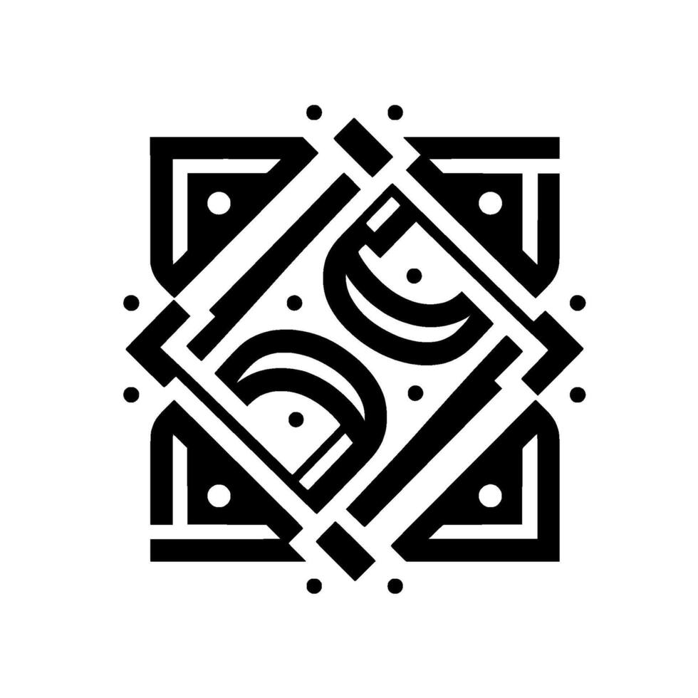 Symmetrical Black and White Geometric Ornament with Circular and Angular Elements, Dots, and a Square Composition. vector