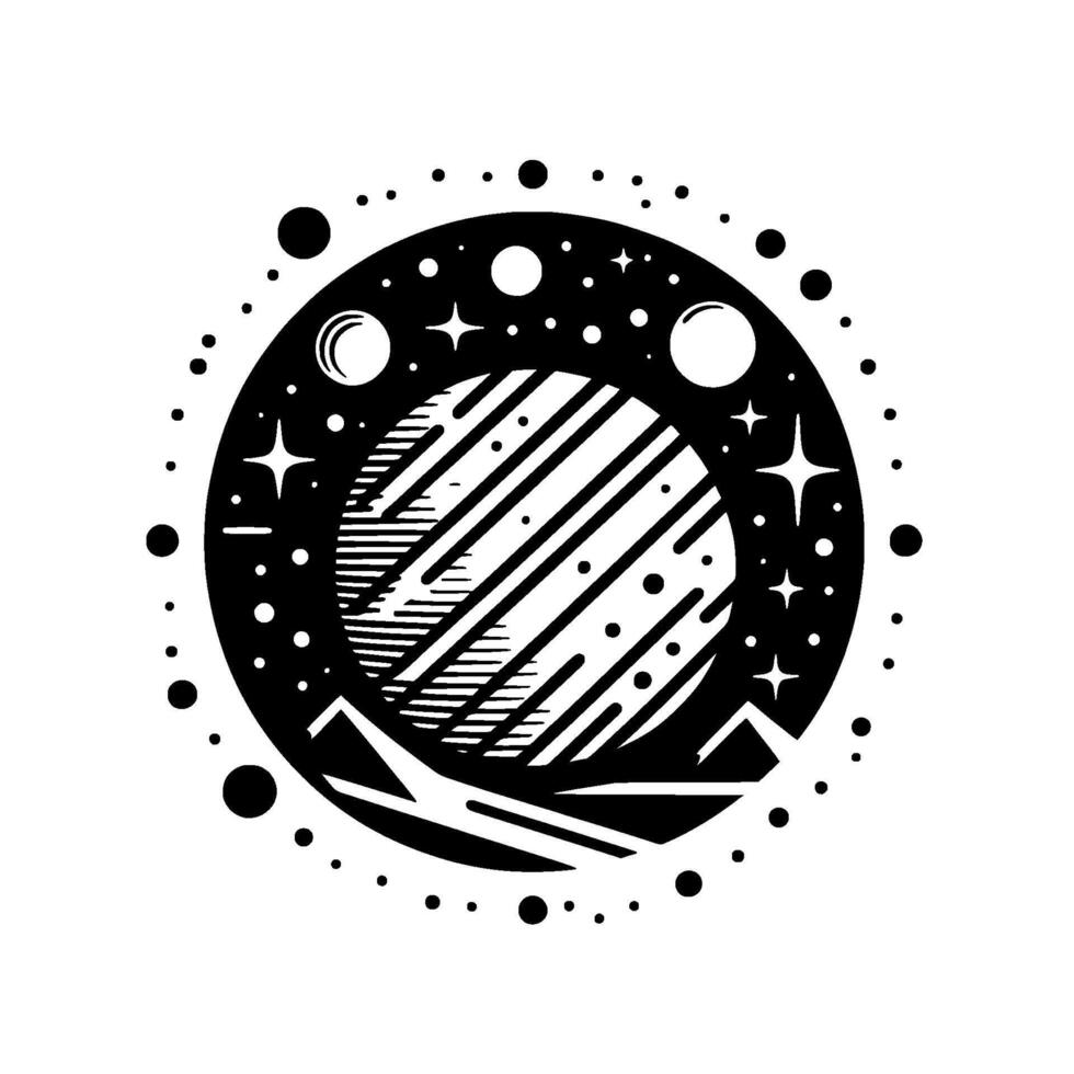 Black and white minimalist illustration depicting a planet, mountains, moons, and stars within a circular cosmic frame. vector
