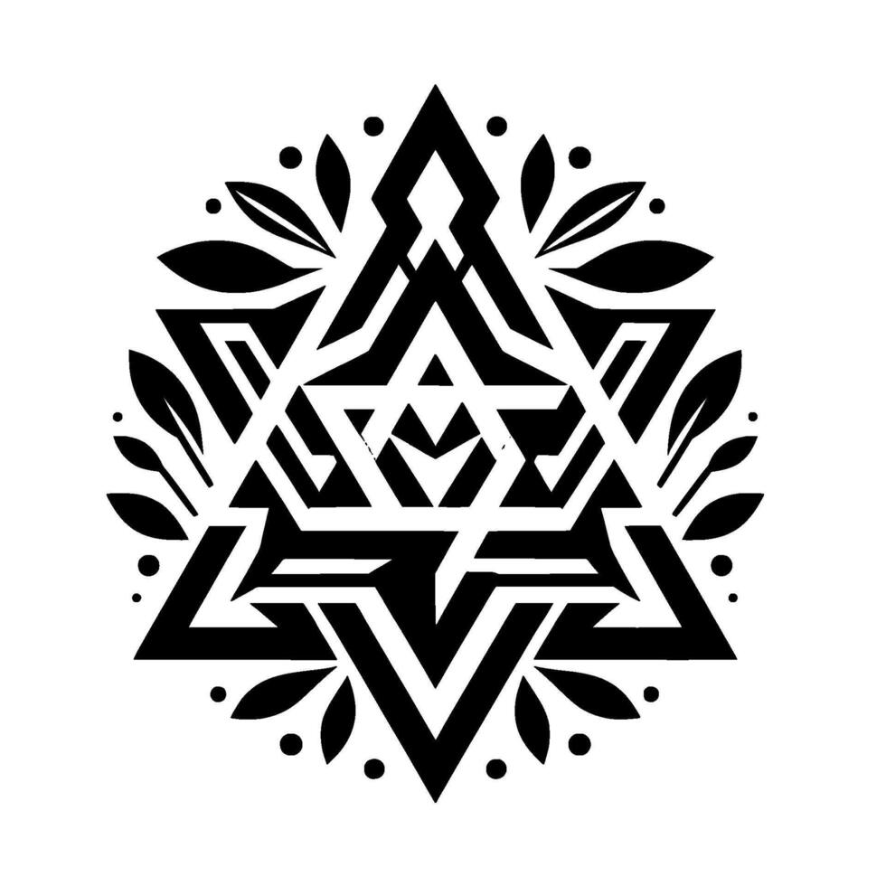 Geometric Black White Star of David Mandala Surrounded by Decorative Leaf Motifs and Dot Accents on White Background vector