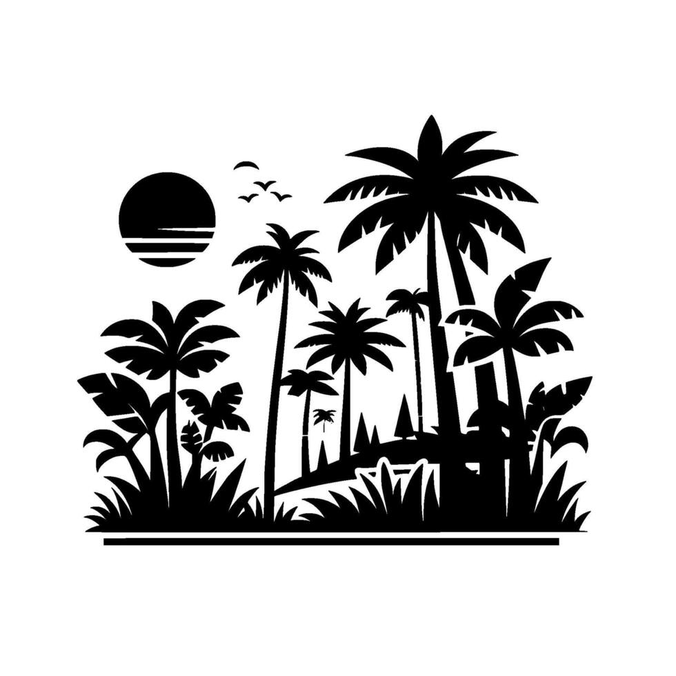 Tropical Paradise Silhouette Black and white minimalist illustration of palm trees, sun, birds, and vegetation, capturing a serene island vibe. vector