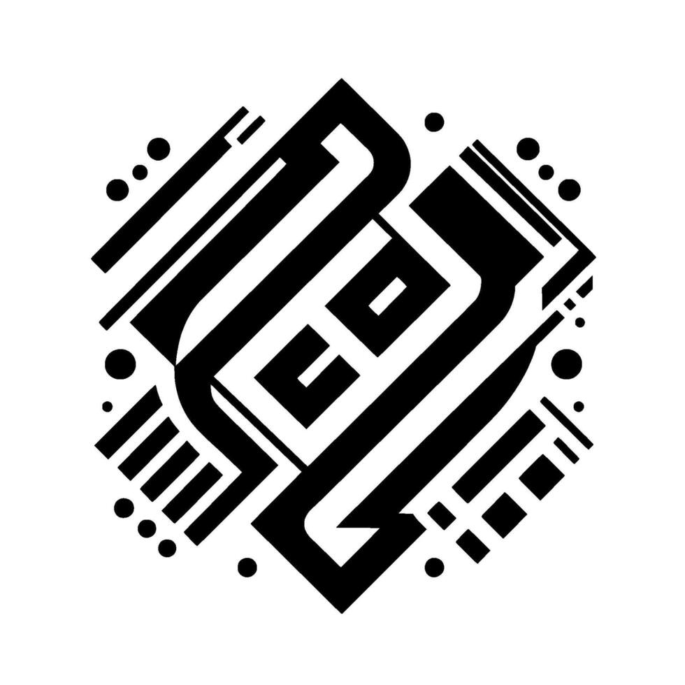 Modern Abstract Geometric Arabic Calligraphy in Black and White, Centered Composition, Detailed Lines and Shapes. vector