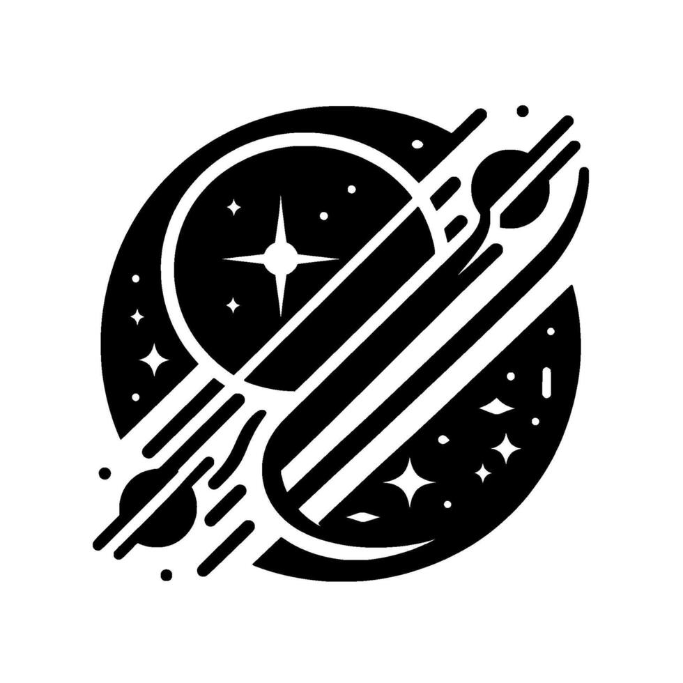 Stylized Black and White Celestial Illustration Orbiting Planets, Stars, and Shooting Star Element. vector