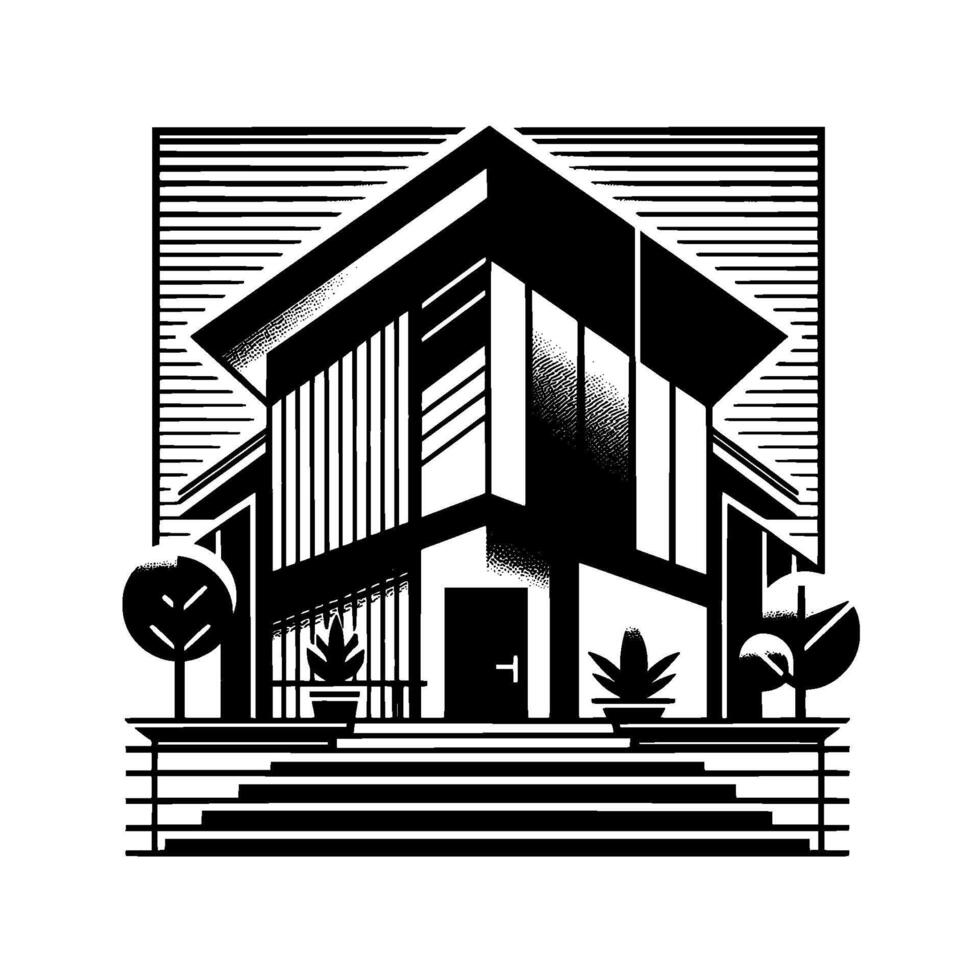 Black and white geometric illustration of a modern home with symmetrical , lush landscaping, and a minimalist aesthetic. vector