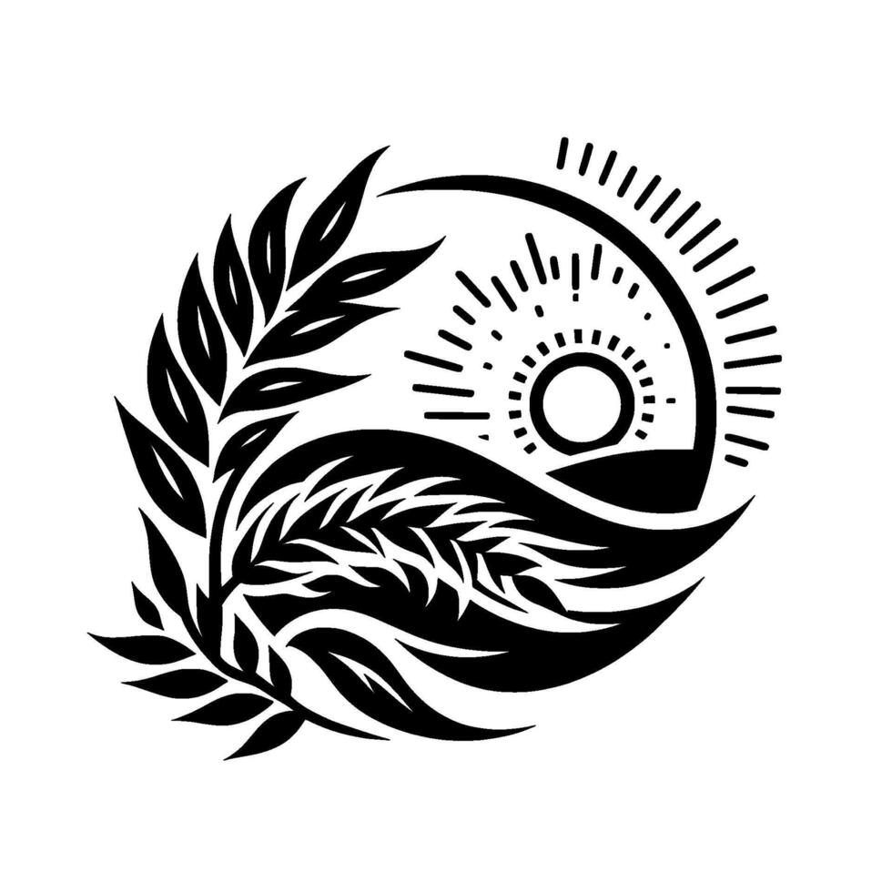 Stylized YinYang Composition Black leaf designs frame radiant sun, creating a harmonious, abstract nature scene. vector