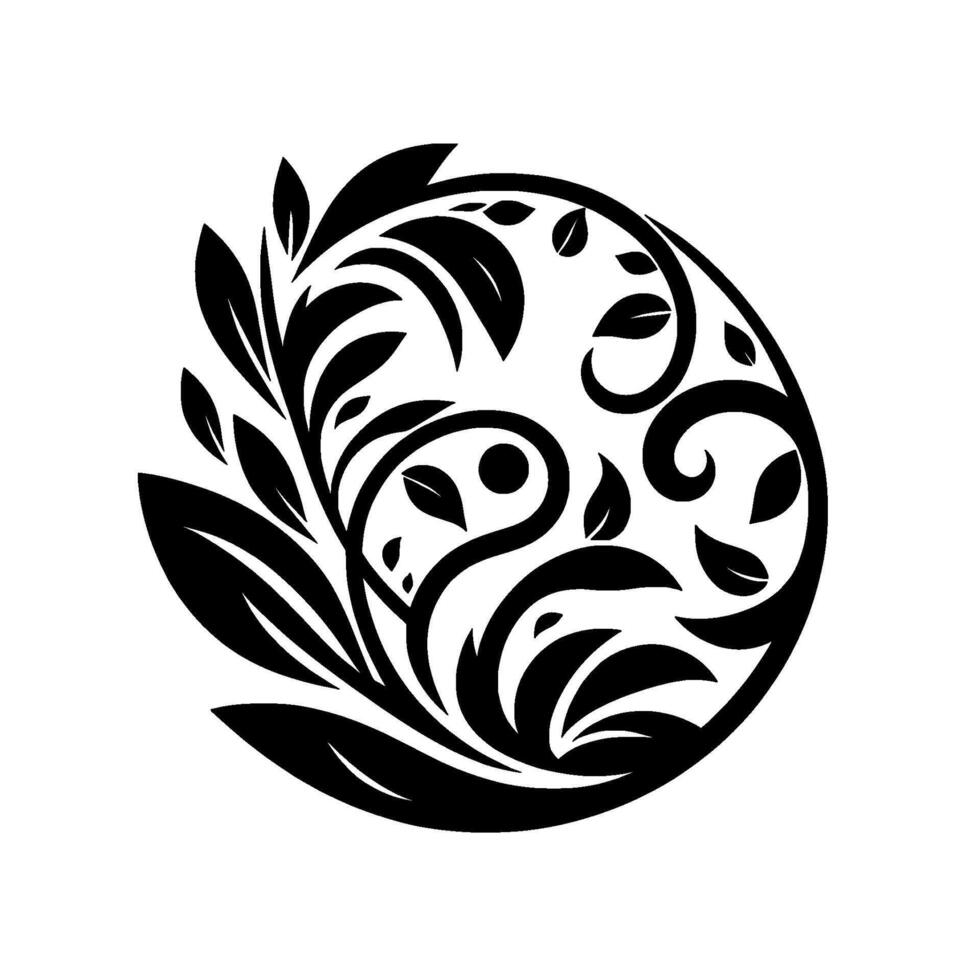 Circular, monochromatic featuring an elegant arrangement of stylized leaves, vines, and floral elements, evoking natures grace. vector