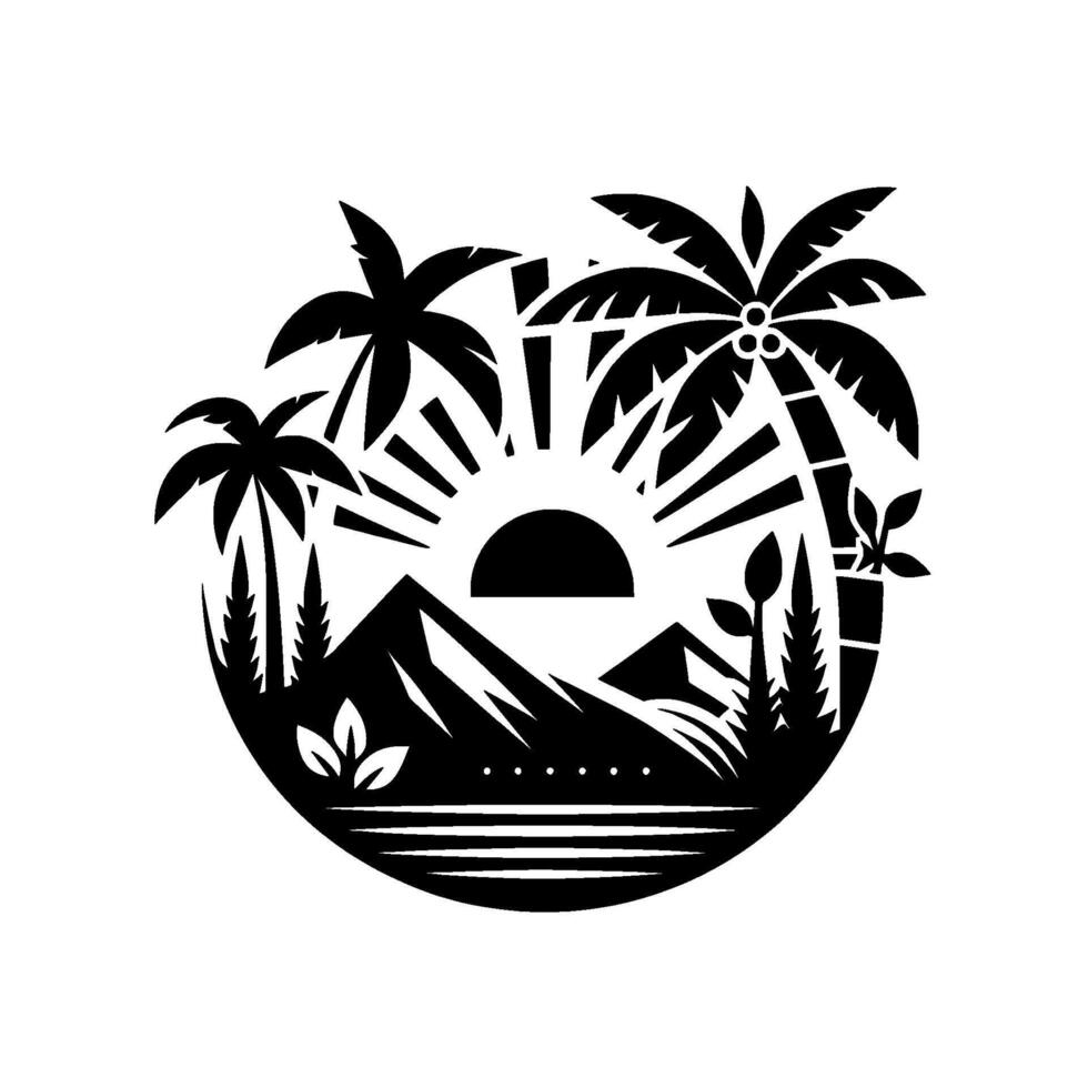 Tropical sunset silhouette featuring palm trees, mountains, sun rays, and calm ocean waves, a black and white circular . vector