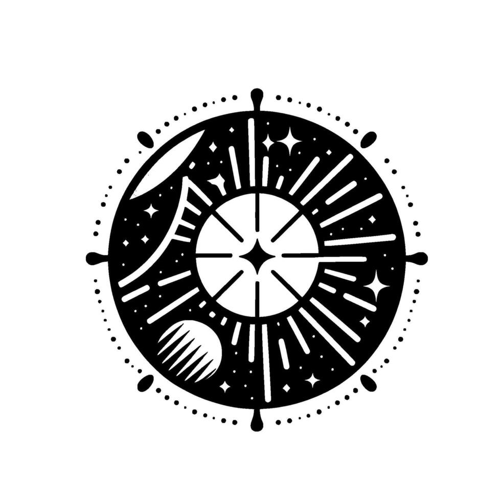 Celestial Compass A minimalist black and white circular , featuring stars, mountain silhouette, moon, and radiating lines within a dotted frame. vector