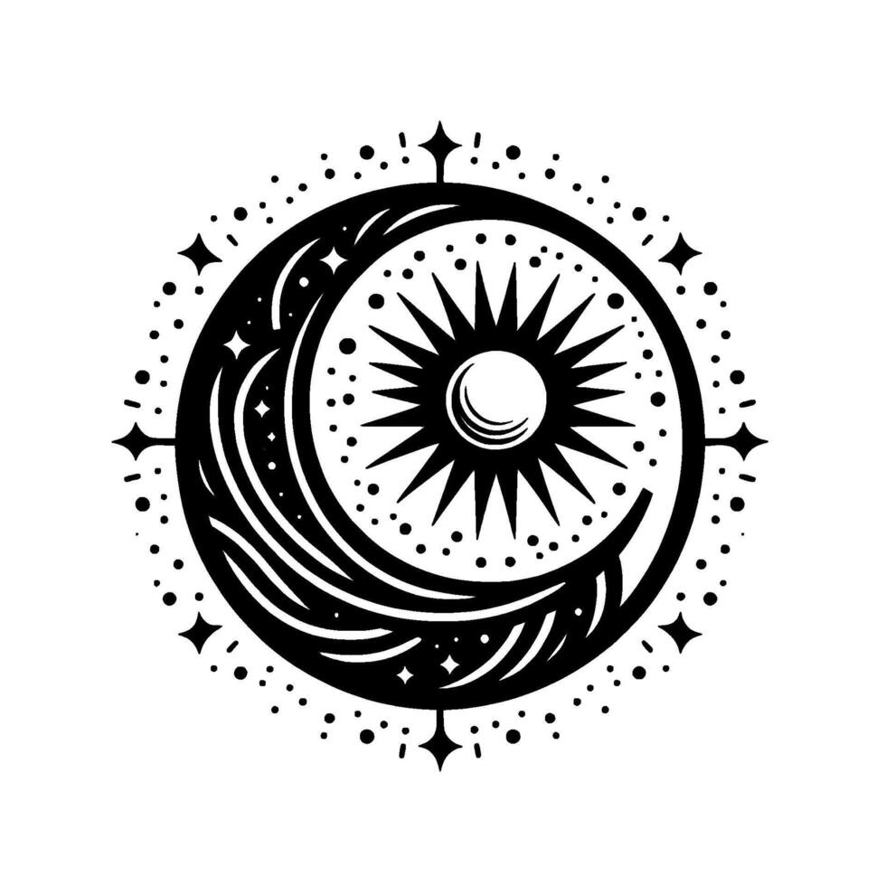 A stylized, celestial illustration featuring a crescent moon enveloping a sun, surrounded by a circle of stars and dots, rendered in bold black and white, evoking a sense of mysticism and wonder. vector