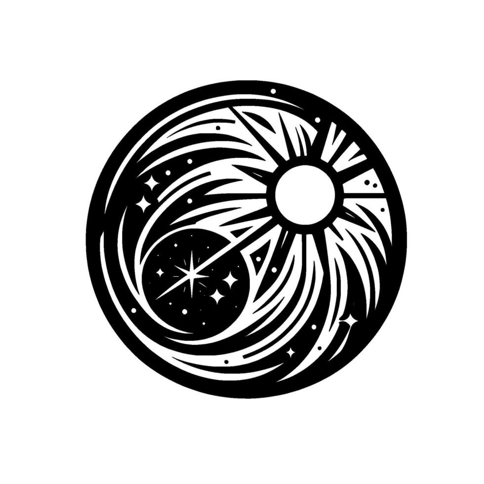 Black and White Illustration Sun Starry Night Celestial Emblem within a Circular Frame Modern . vector