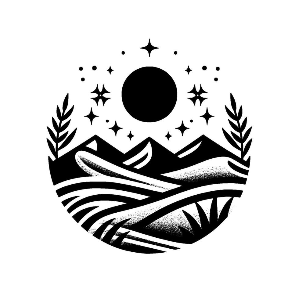 Serene nocturnal landscape illustration within a circle, featuring mountains, stylized fields, stars, a sunmoon, and flora in black and white. vector