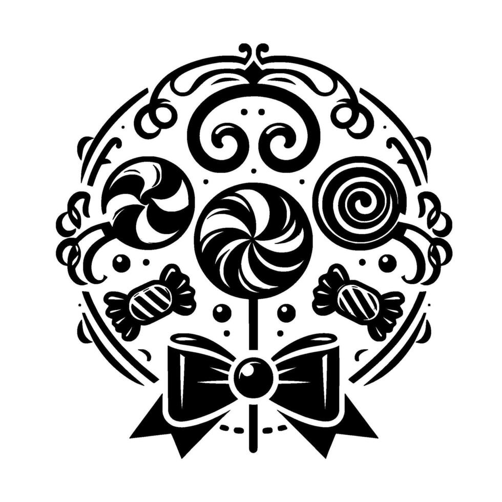 A monochrome circular ornament of candies, lollipops, and sweets arranged around a central bow, featuring intricate details, swirls, and a festive, decorative on white. vector