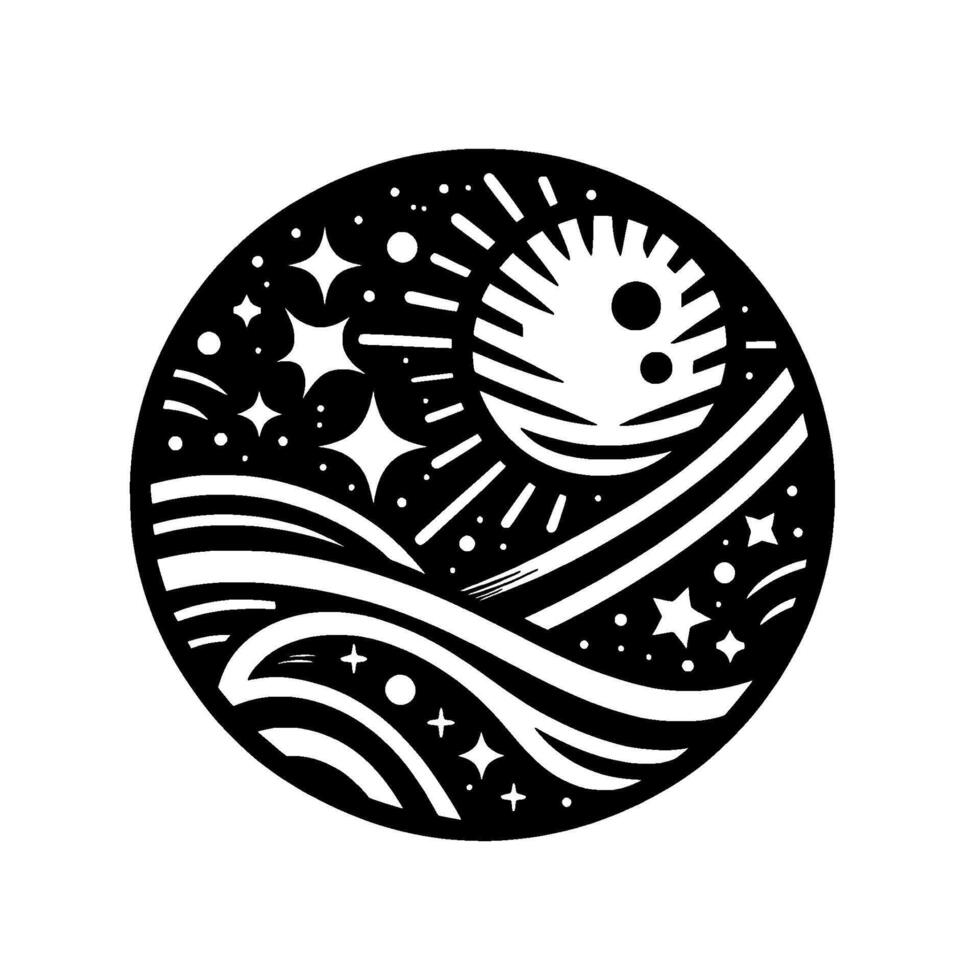 A stylized, black and white circular illustration depicting a celestial scene with the sun, stars, and flowing lines within a cosmic night. vector