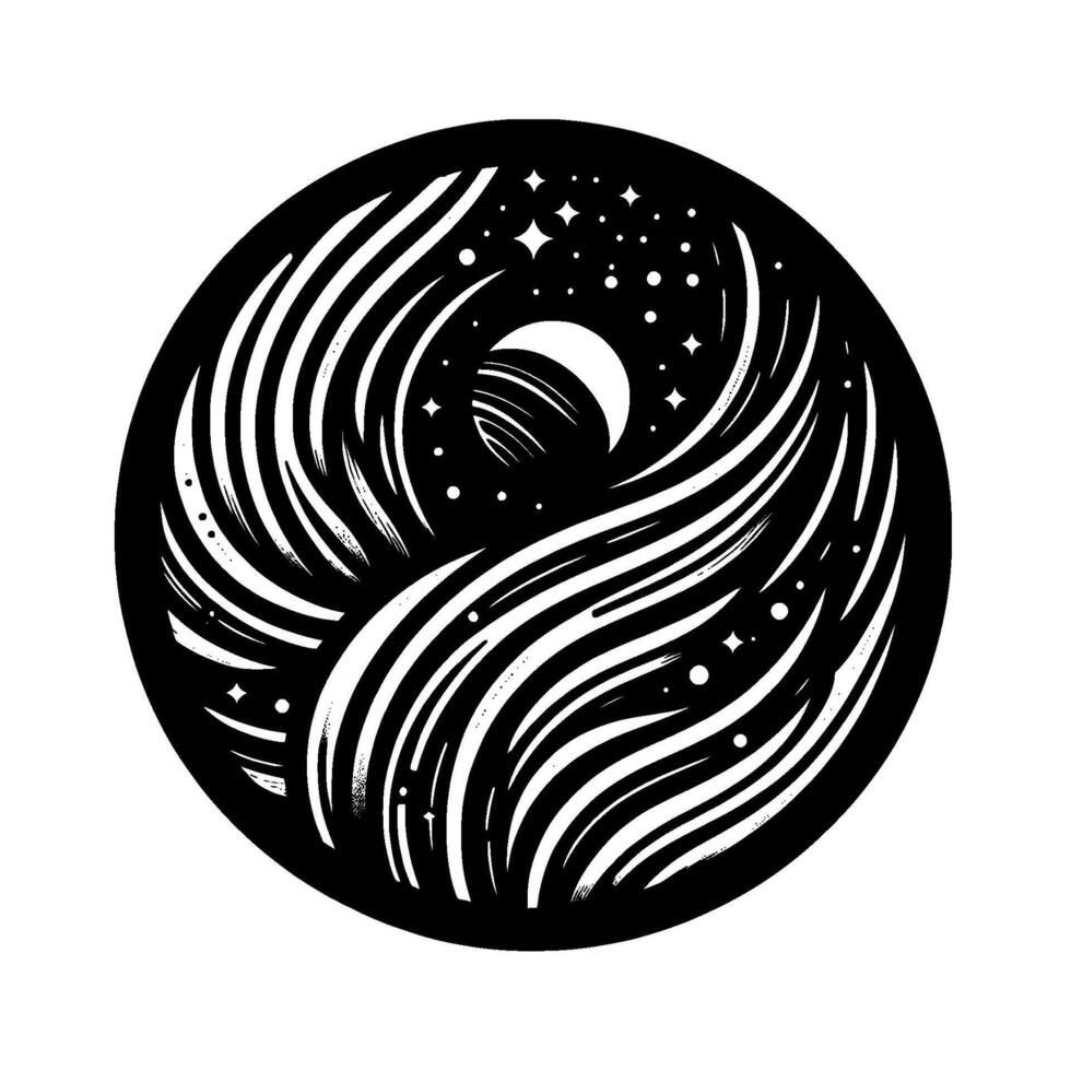 Cosmic YinYang A stylized black and white celestial artwork featuring a crescent moon, starry sky and dynamic swirling lines within a circular frame. vector