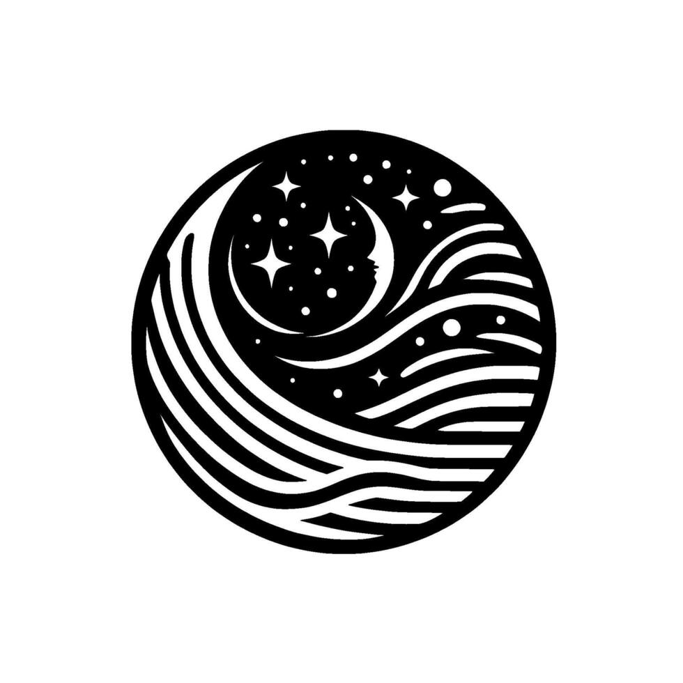 Circular Black and White Nightscape Crescent Moon with a Face, Stars, and Wavy Elements, Illustrating Dreamy Cosmic Scene. vector