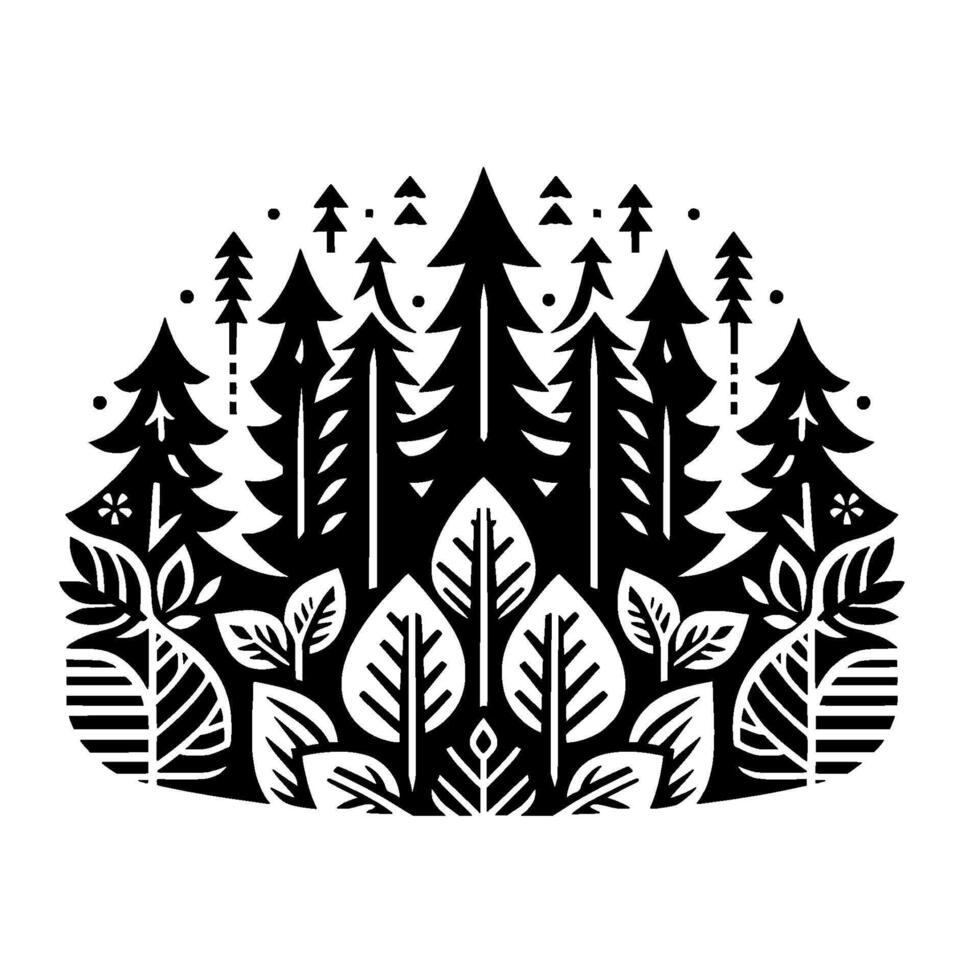 Black and white stylized forest illustration with overlapping trees and foliage, creating a symmetrical, rounded composition. vector