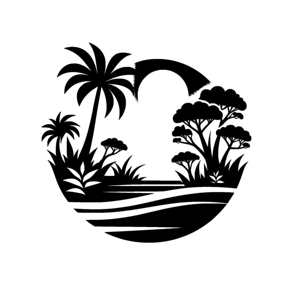 Black and white circular illustration of a tropical landscape featuring palm trees, sun, and stylized trees with grass. vector