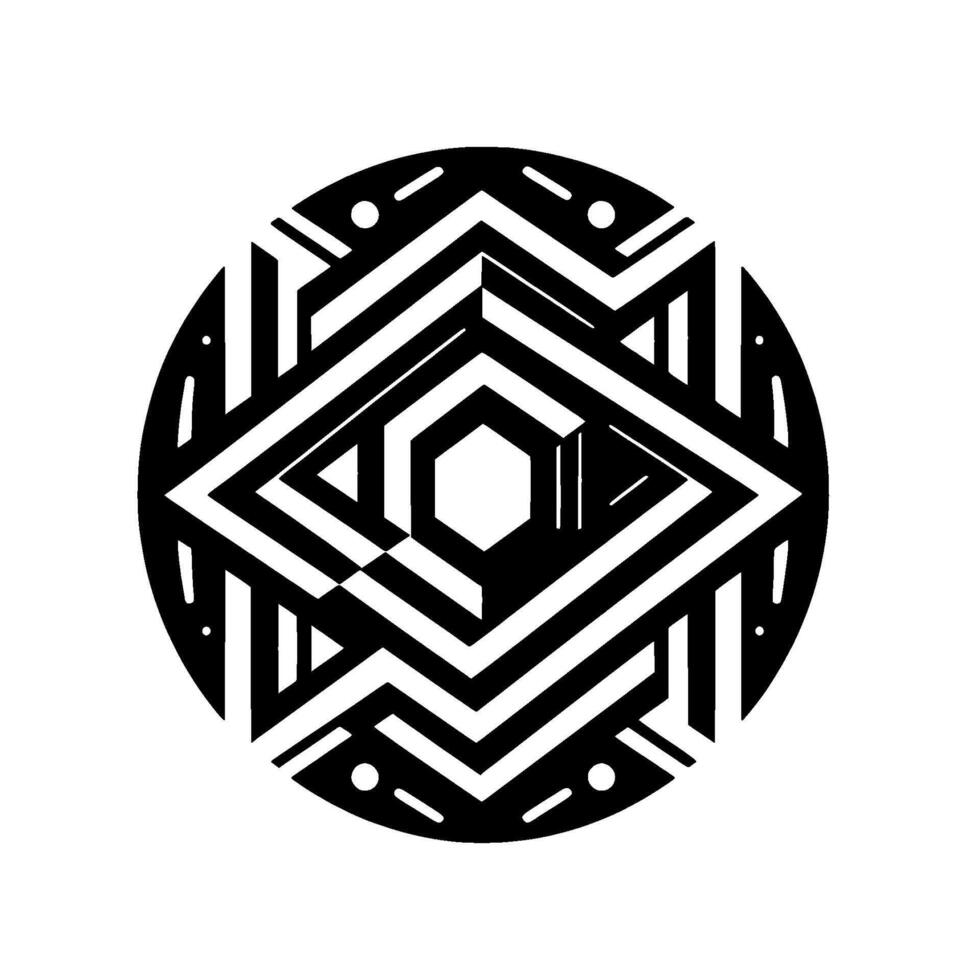 Black White Geometric Mandala Circular featuring a central rhombus, hexagon, and repeating zigzag lines. vector