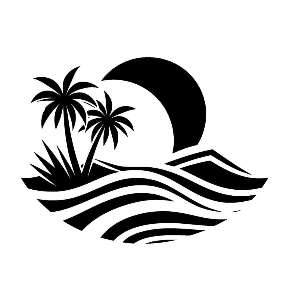 Monochrome Tropical Island Silhouette with Palm Trees, Rolling Waves, Mountain, and Circular SunMoon Element vector