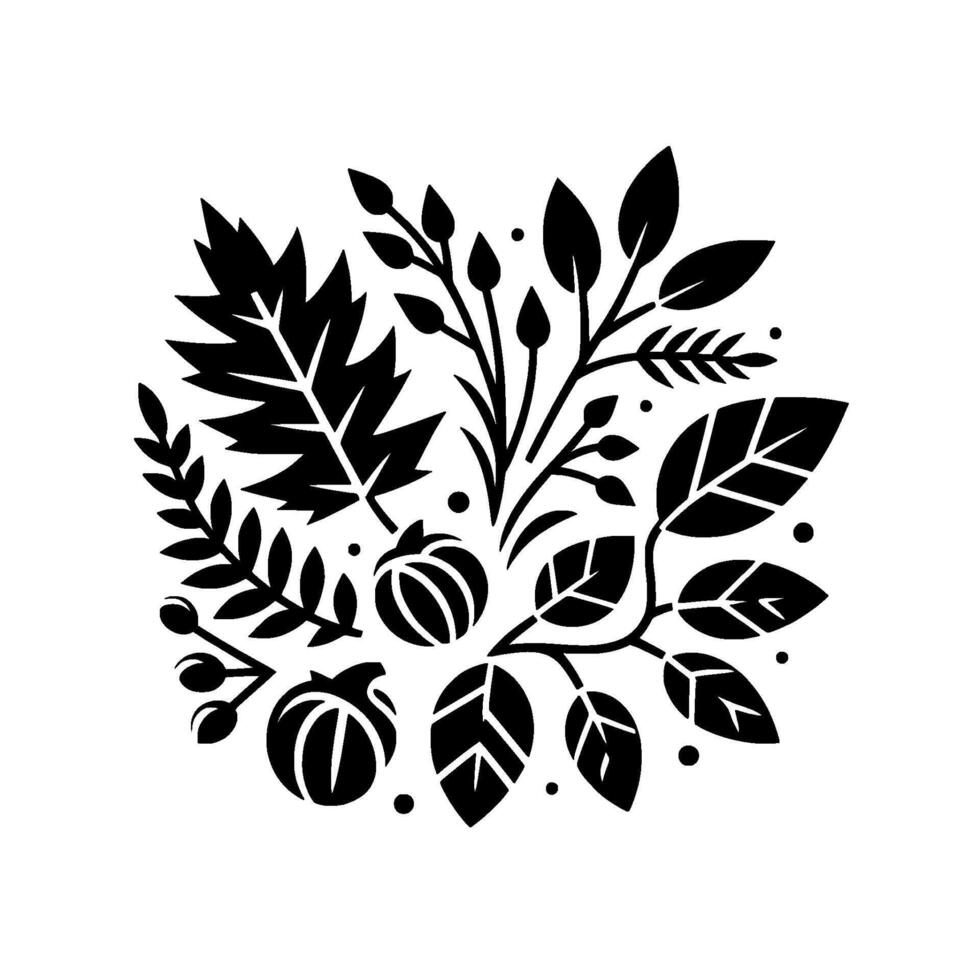 A symmetrical, minimalist blackandwhite botanical illustration featuring an assortment of leaves, berries, and stylized fruits, creating a balanced, decorative composition. vector