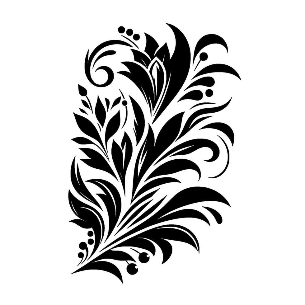 Elegant Floral Black and White with Leafy Sprigs, Swirls, and Berries on a Clean White Background. vector
