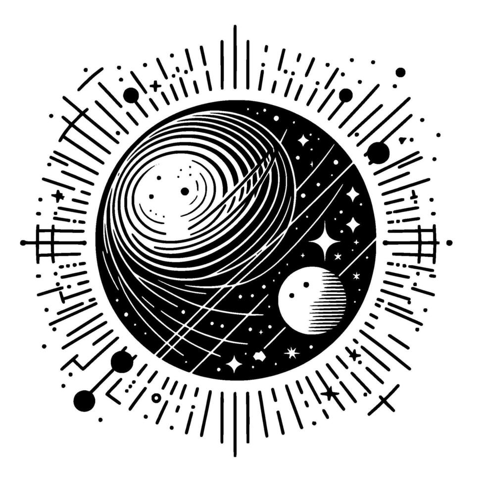 A stylized black and white illustration of a celestial body containing a spiral vortex, planets, stars, and cosmic lines. vector