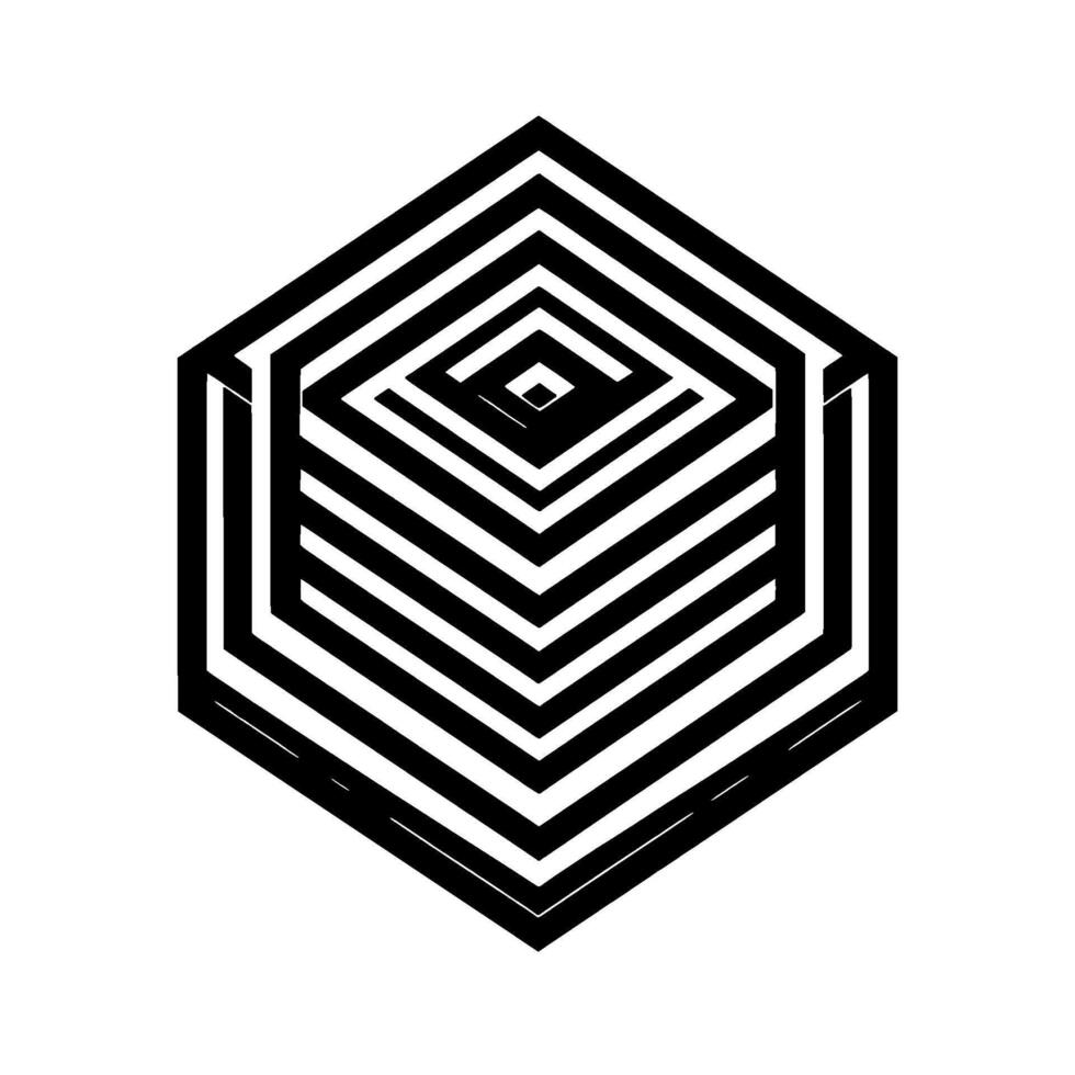 Isometric Black and White Hexagonal Illusion with Nested Diamond Shapes Creating a ThreeDimensional Geometric Optical Effect. vector
